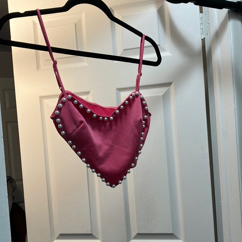 Pink Heart-Shaped Top with Pearl Accents